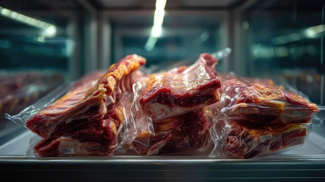 Fresh Raw Meat Cuts Packaged in Plastic for Grocery Store Display with Cool Background