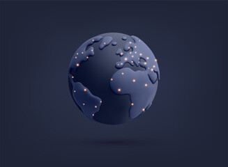 Glowing digital Earth with network dots representing global communication and cyber technology. 3D Vector Web Illustration.