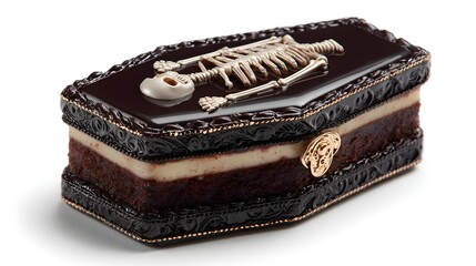Mini coffin-shaped cake with dark icing and edible skeleton decoration, isolated on white background