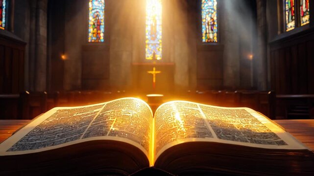 A Bible book rests opened on a wooden table in a historic church, illuminated by sunlight filtering through colorful stained glass windows