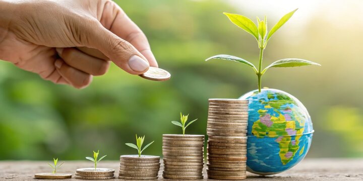 Investment in sustainability through finance growth featuring coins and plant symbolizing wealth nature and future economic prosperity strategies