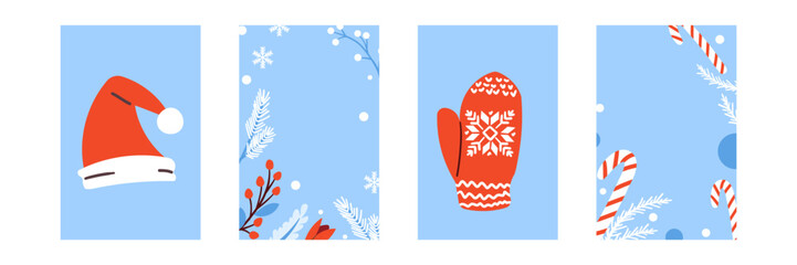 Set of abstract winter backgrounds for social media stories. Colorful winter banners with falling snowflakes, snowy branch . Wintry scenes . Use for event invitation, discount voucher, ad. Vector eps 