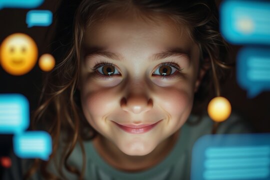 Girl's Eyes Reflected on Laptop Screen with Chat Bubbles and Emojis Surrounding Her
