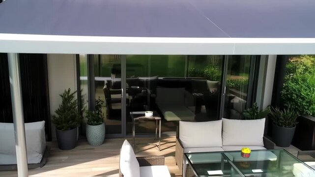 Gray retractable awning over a modern balcony with potted plants and patio furniture