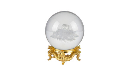Snow globe with a white cloud resting on an ornate golden stand against black