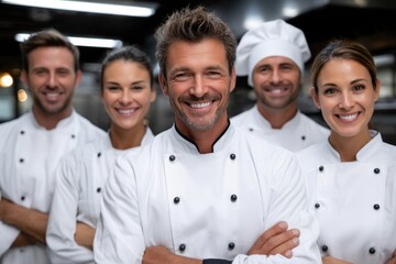 Culinary team poses proudly in busy restaurant kitchen during di