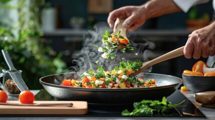 A hand is using a wooden spoon to saut&eacute; colorful bell peppers and onions in a stainless steel frying pan