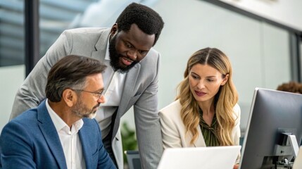 Dynamic business meeting showcasing teamwork and collaboration among professionals in a modern office environment with technology and strategic planning