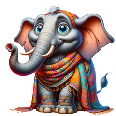 Obraz premium Stylized baby elephant wearing a colorful patterned shawl, digital illustration, whimsical african animal art