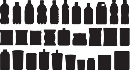Assorted Plastic Bottles, Snack Packaging, and Beverage Cups Silhouettes for Packaging and Recycling Themed Designs at 124 Letters