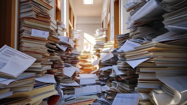 A workspace cluttered with stacks of disorganized documents showing the challenges of managing office paperwork