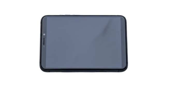 Upside-down, blank-screened dark-blue tablet on a dark background