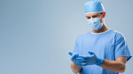 Plastic surgeon in scrubs putting on sterile gloves