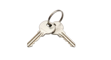 Two silver keys on a keyring rest against a plain black background