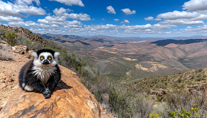 Obraz premium Majestic Landscape with a Black and White Lemur on a Mountaintop