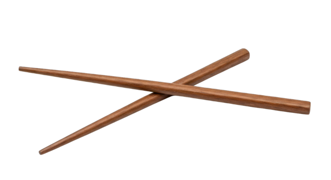 Two crossed brown chopsticks on a black background, diagonal
