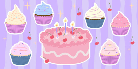 Set of cute dessert stickers with cupcakes and cakes. Sweet colorful vector collection perfect for decoration, packaging, or digital design.