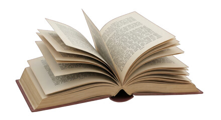 Open book lies with pages fanned out, revealing dense text