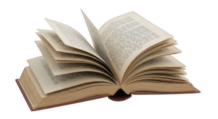 Open book lies with pages fanned out, revealing dense text