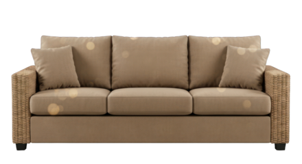Wicker-sided sofa with cushions in neutral, earth tones against black background
