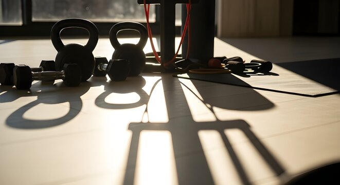 Home Gym Equipment Ready for Workout Session Sunlight Streaming In