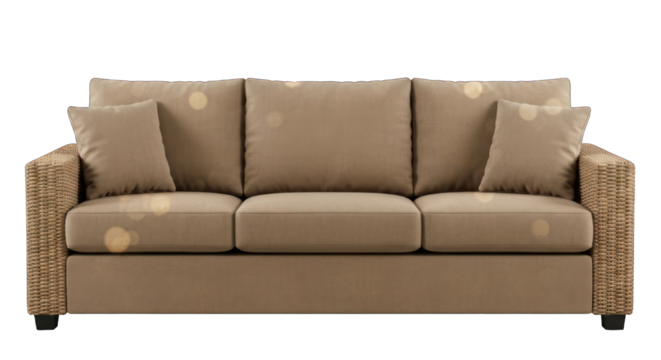 Wicker-sided sofa with cushions in neutral, earth tones against black background