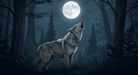 A gray wolf stands howling at a bright full moon in a dark forest filled with silhouetted trees and grass