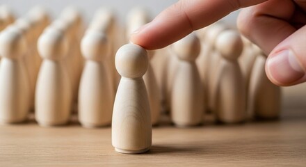 Close-up of hand selecting wooden peg doll from group — recruitment, leadership, and individual choice concept.