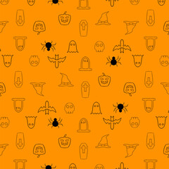 Halloween Seamless Pattern with Pumpkins Spiders Ghosts Witch Hat and Other Icons on Orange Elements