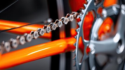 Close-up of a Bicycle Chain and Gearing System in Bright Orange
