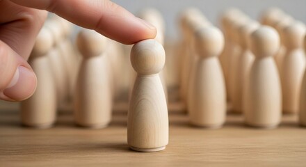 Close-up of hand selecting wooden peg doll from group — recruitment, leadership, and individual choice concept.