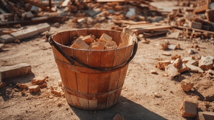 Wooden Bucket Filled with Bricks on a Construction Site Background