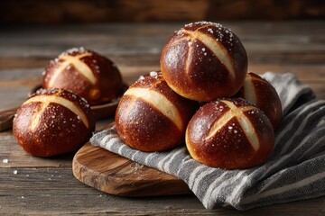 Freshly baked pretzel buns sprinkled with salt sit on a striped cloth on a wooden board