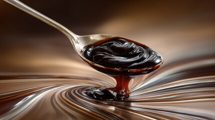 Fototapeta premium Rich and Glossy Chocolate Sauce on a Silver Spoon against Swirling Background