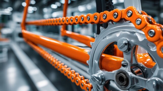 Close-Up of Bicycle Chain and Gear with Bright Orange Frame