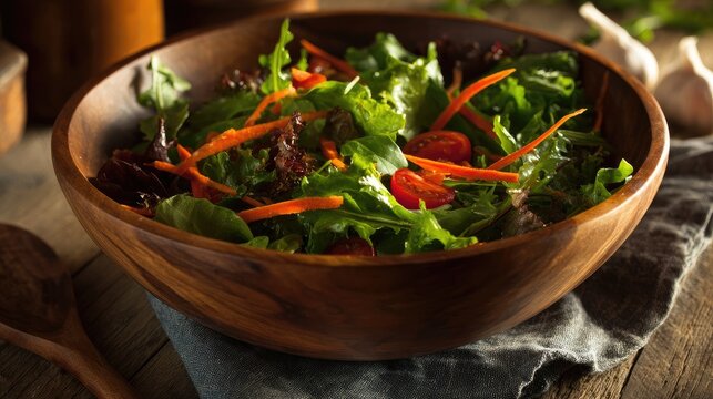 Fresh salad in a wooden bowl with shredded carrots and tomatoes.