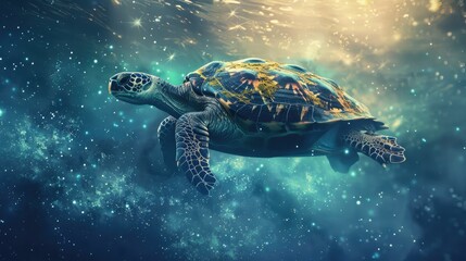 A serene sea turtle gracefully gliding through a cosmic underwater scene filled with shimmering stars