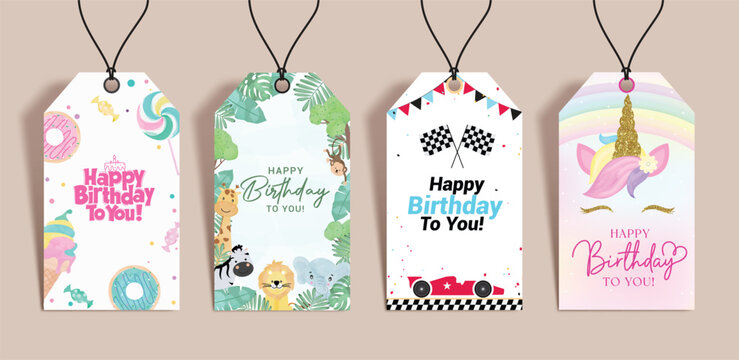 Birthday gift tags vector set design. Happy birthday greeting text in gift party tag collection with donut, jungle, cars and unicorn theme template. Vector illustration invitation card design.