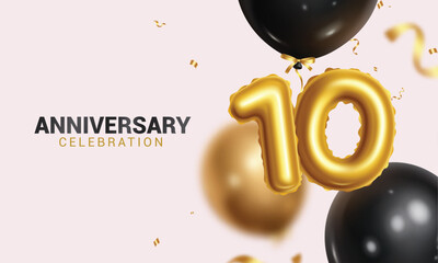 Naklejka premium 10th anniversary vector design. Happy anniversary celebration with gold number 10 and black balloons floating for party decoration background. Vector illustration tenth year design.