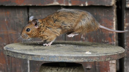 A brown rodent leaps gracefully off a wooden stool against a rustic background, showcasing agility and nature's charm