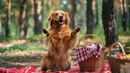Happy golden retriever sitting on a picnic blanket in a forest with a picnic basket nearby, enjoying a sunny day