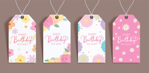 Birthday flowers gift tags vector set design. Happy birthday greeting text in hanging gift tags collection with flowers floral design. Vector illustration invitation card template.