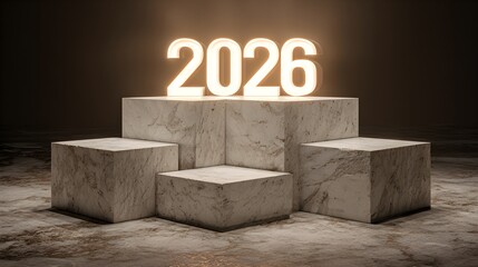 Minimalist 3D rendered marble podium with glowing &ldquo;2026&rdquo; numbers, elegant luxury New Year concept