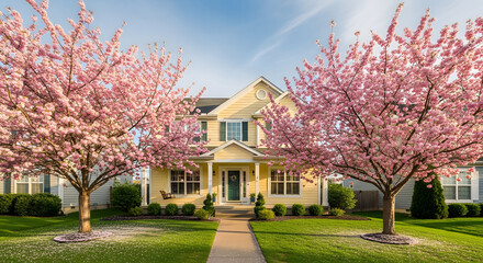 Obraz premium A charming yellow house adorned with blooming cherry trees, capturing the essence of spring in a serene suburban setting under a clear blue sky, creating a picturesque view