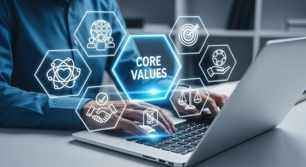 Fototapeta premium Business Core Values Holographic Icons Over Laptop — Corporate Concept