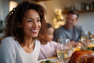 Happy african american family enjoying thanksgiving dinner together
