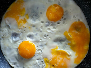 Fried eggs cooked in a frying pan. Close-up. Cooking. Light breakfast.