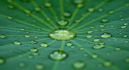 A green leaf is covered in water droplets most notably a large drop in the center