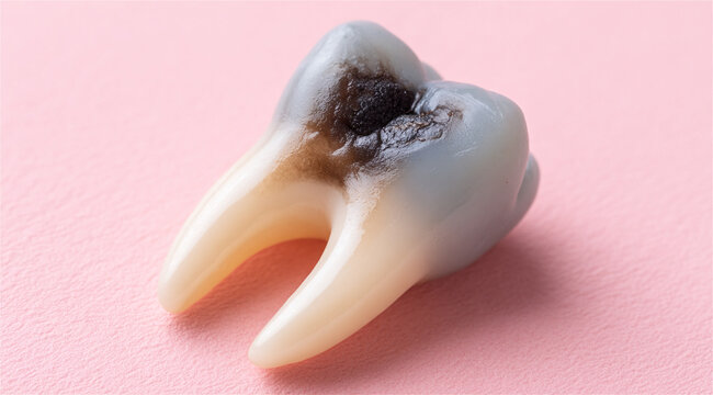 Carious molar tooth representing severe dental decay and cavity formation, highlighting the importance of oral hygiene and potential need for dental treatment in a close-up clinical setting