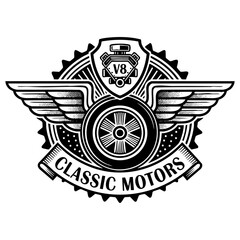 Classic Motors V8 Engine Wheel Emblem Engraving Vector Illustration